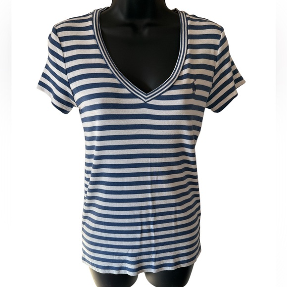 Ralph Lauren Tops - Ralph Lauren Blue & White Striped V-Neck Women's Logo Tee | Medium